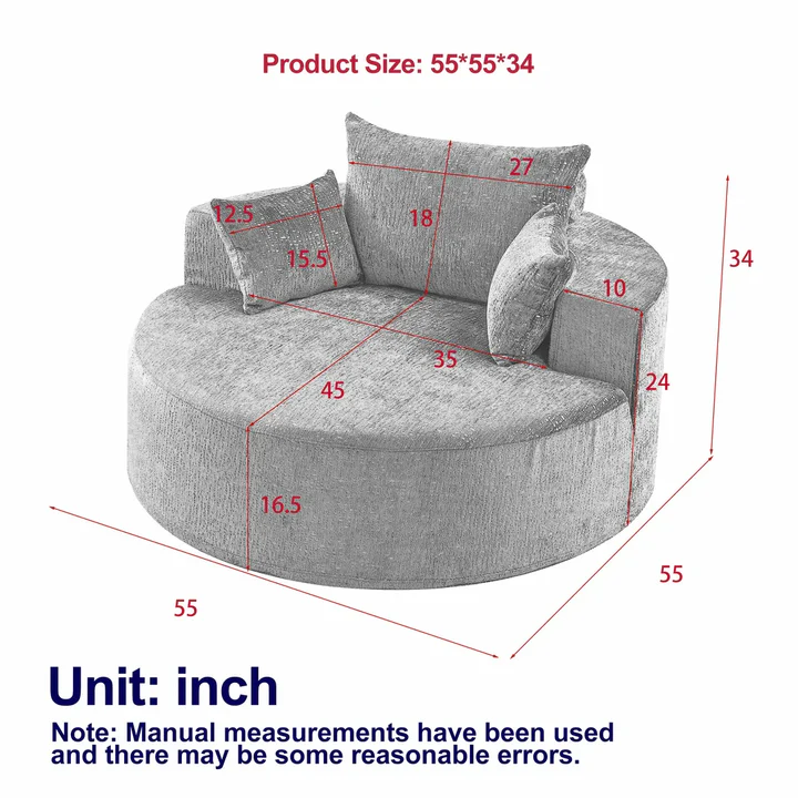 55'' Round Upholstered Lounge Chaise Sofa with Deep Seat