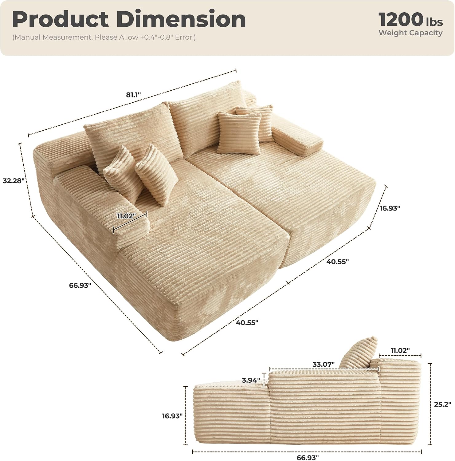 Double Oversized Chaise Lounge - Bonless Sleeping Sofa Bed
