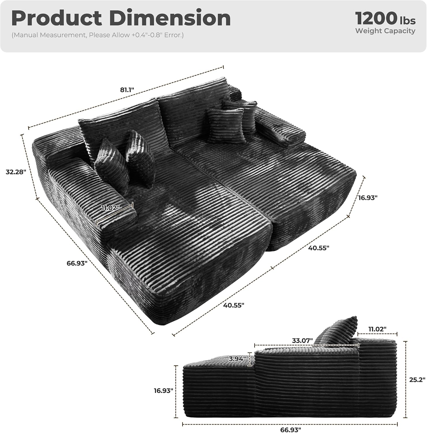 Double Oversized Chaise Lounge - Bonless Sleeping Sofa Bed