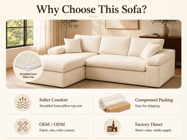 108 Inch L-Shape Cloud Bonless Couch for Living Room