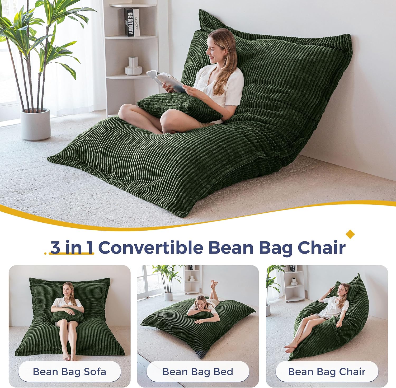 3 in 1 Bean Bag Chair, Cozy Lounger, and Floor Bed