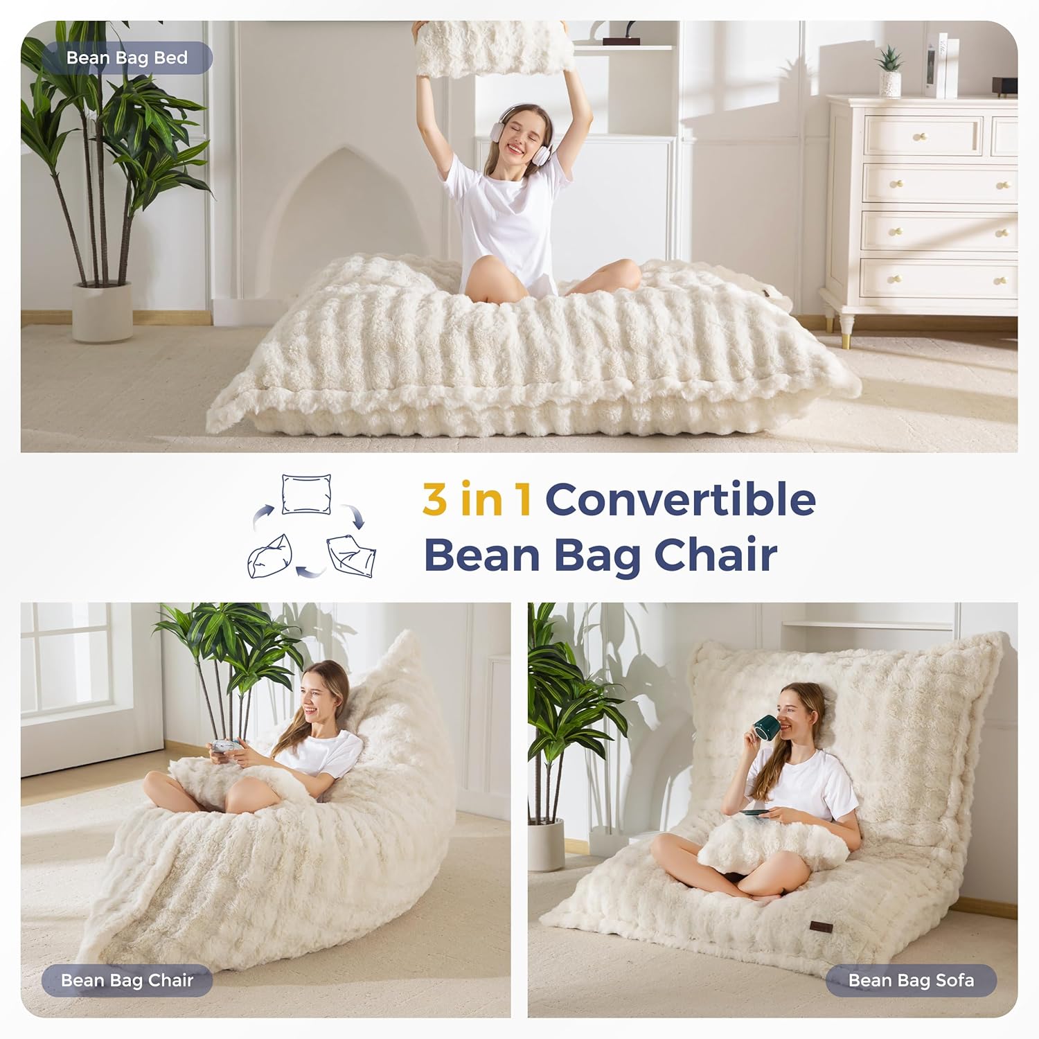 3 in 1 Bean Bag Chair, Cozy Lounger, and Floor Bed