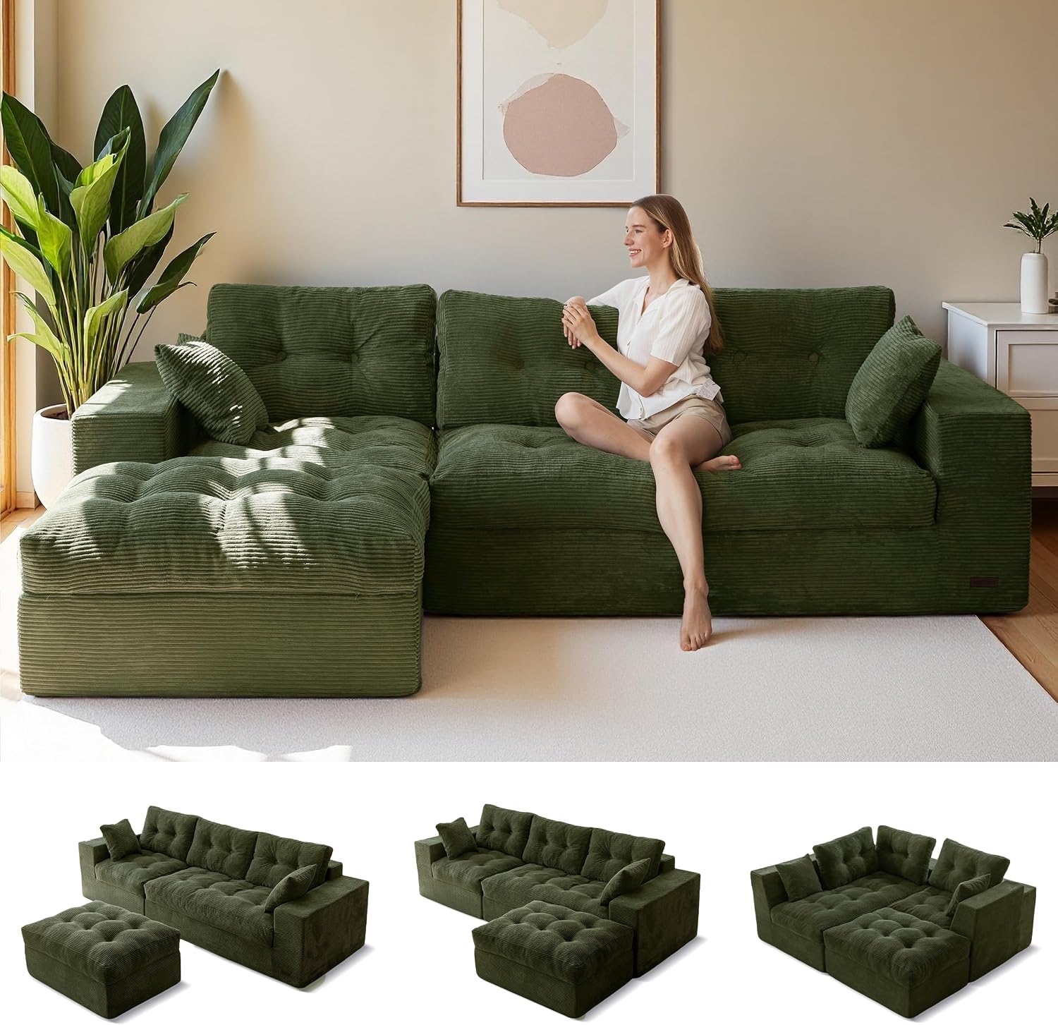 104" L Shaped Modular Sectional Sofa with Ottoman
