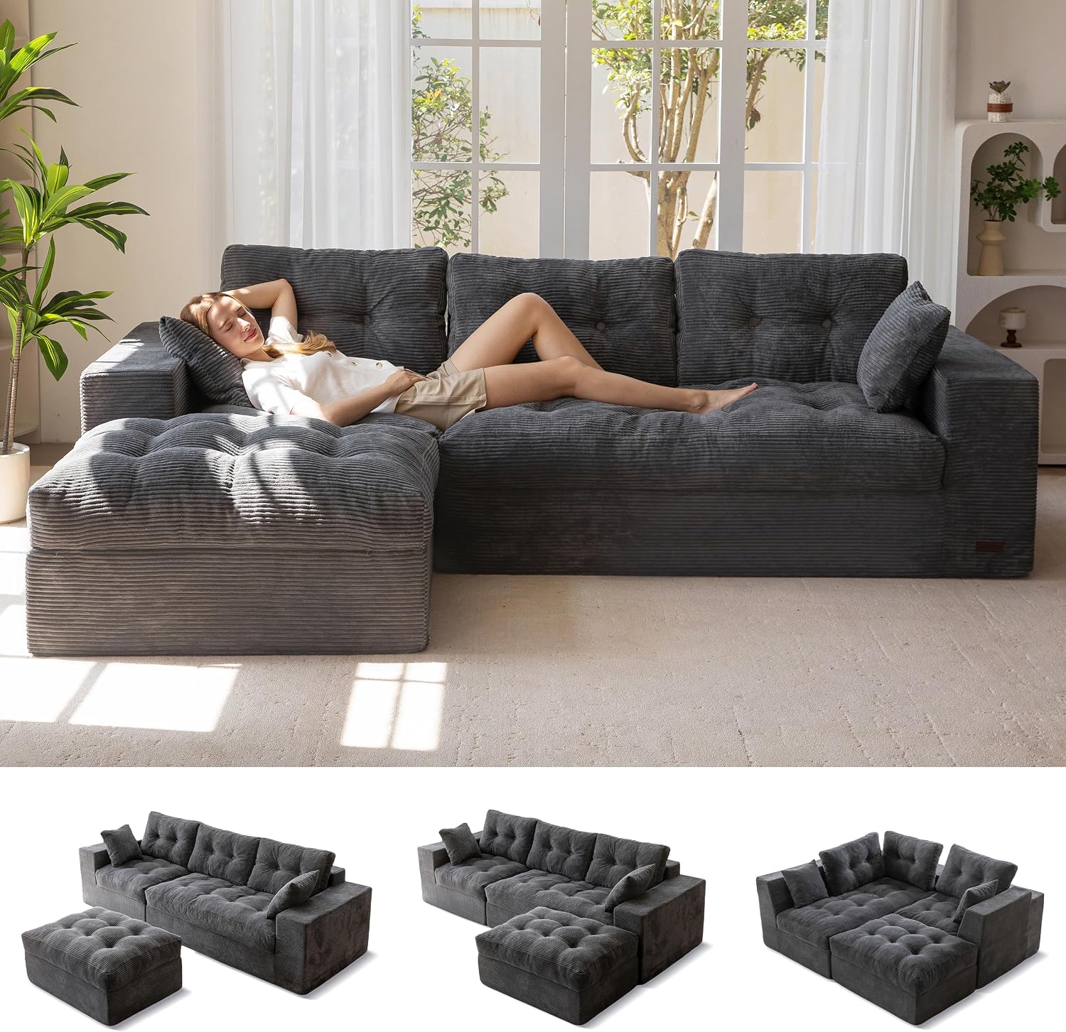 104" L Shaped Modular Sectional Sofa with Ottoman