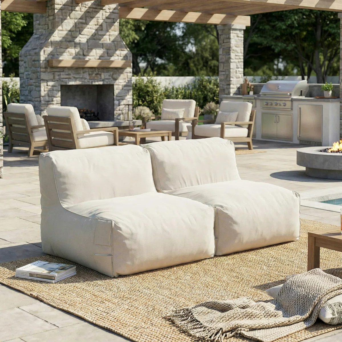 Outdoor Olefin Bean Bag Sectional Sofa With Compressiable Shredded Foam Fill