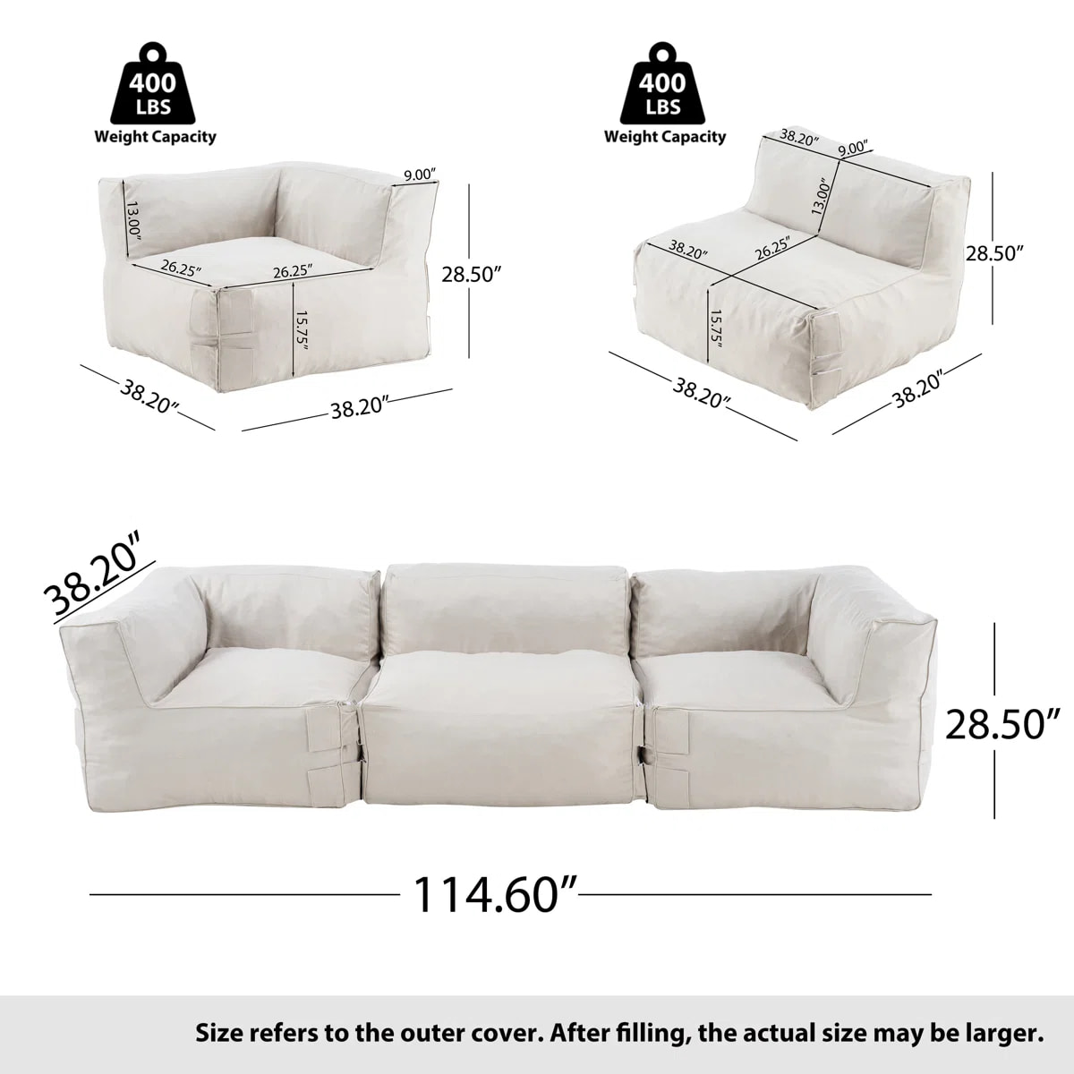 Outdoor Olefin Bean Bag Sectional Sofa With Compressiable Shredded Foam Fill